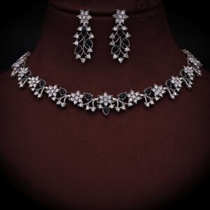 Rhodium Silver Polish Zircon Ad Diamond Choker Set For Women and Girls