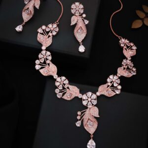 Rose Gold Plated Floral Necklace with Studded White AD