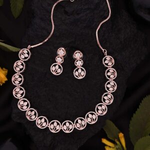 White and Rose Gold AD Studded Contemporary Necklace Set