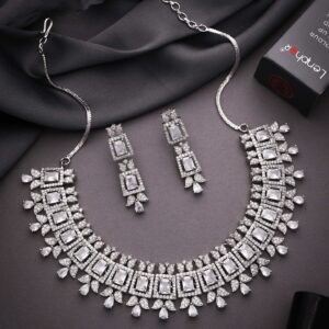 Premium White AD Studded Silver Necklace Set