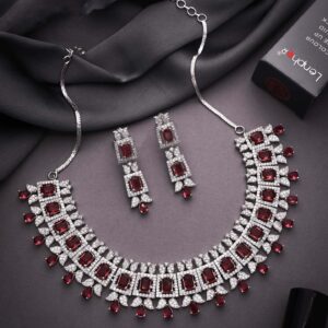 Silver Polish White & Maroon AD Studded Necklace Set