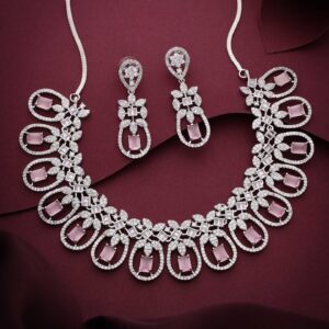 Rose Petal Elegance Pink with White AD Stone Choker Set