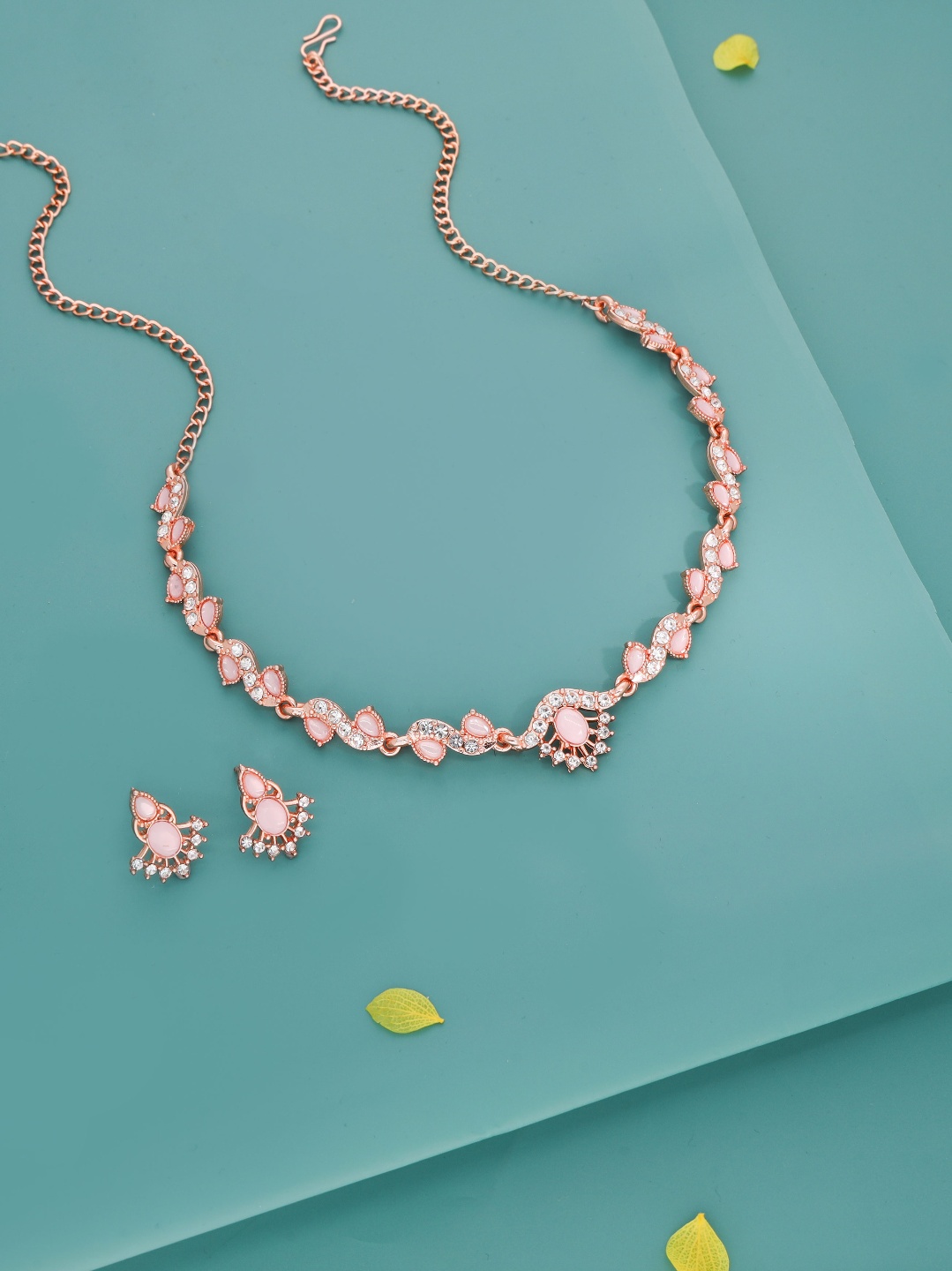 Rose Gold Polish Rose Petal Elegance Pink AD Necklace Set