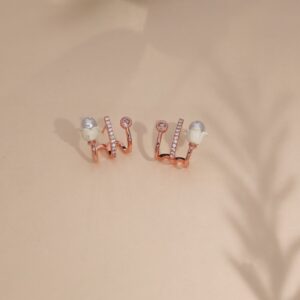 Glamorous Rose Gold-Plated Stud Earrings with White-Colored Gemstones