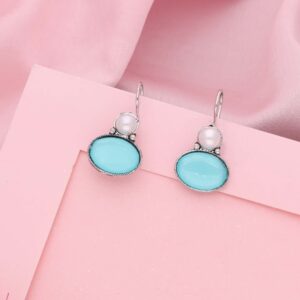 Handcrafted Sterling Silver Earrings Featuring Oval Turquoise Cabochons and Lustrous Pearl Accents.