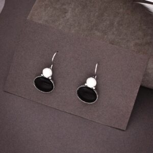 Sterling Silver Hook Earrings with Oval Black Cabochon Stones and Round White Pearl Accents, Handcrafted Statement