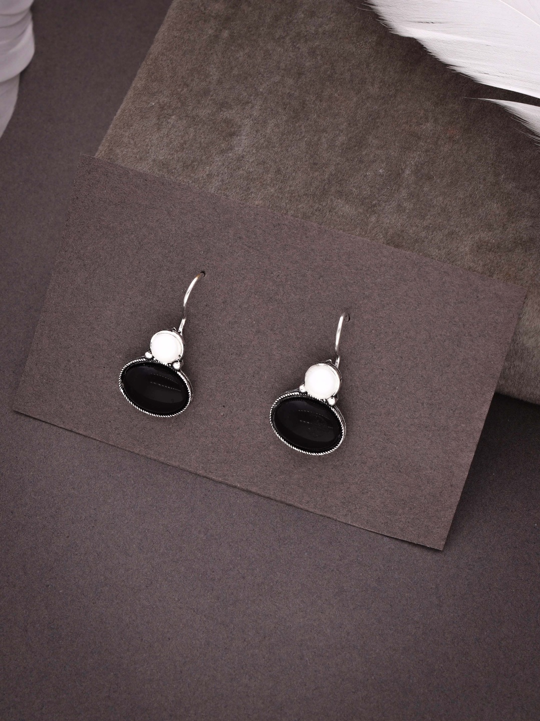 Sterling Silver Hook Earrings with Oval Black Cabochon Stones and Round White Pearl Accents, Handcrafted Statement