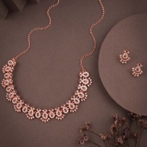 Elegant Rose Gold Necklace Set with Contrast Stones – Ideal for Weddings & Functions