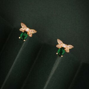 Gold Plated Green Stone Bee Stud Earrings | Elegant Daily Wear Jewelry