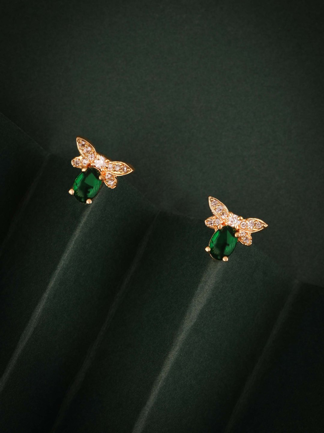 Gold Plated Green Stone Bee Stud Earrings | Elegant Daily Wear Jewelry